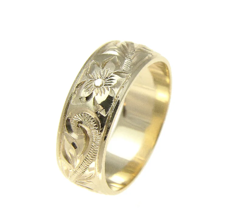 14K YELLOW GOLD HAND ENGRAVED HAWAIIAN PLUMERIA SCROLL BAND RING SMOOTH EDGE 8MM