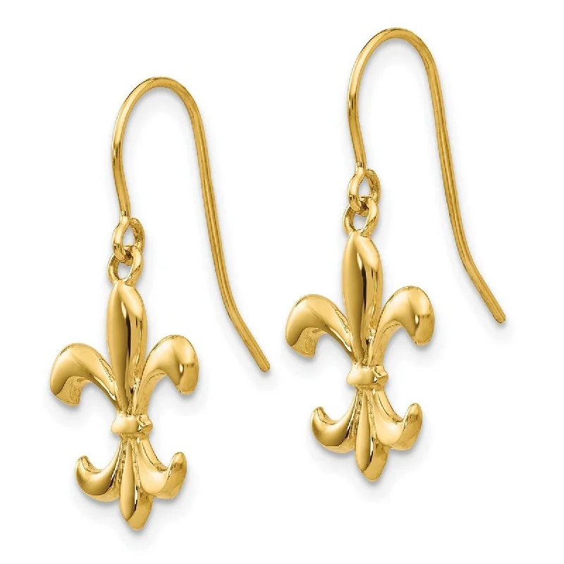 Curata 14k Yellow Gold 26x11mm Fleur De Lis Dangle Hook Earrings