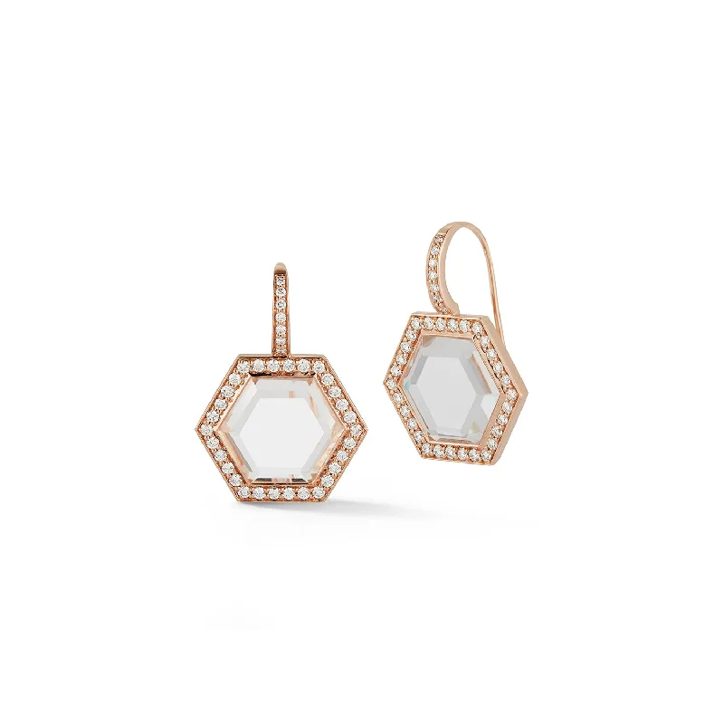 BELL 18K DIAMOND, AND ROCK CRYSTAL HEXAGON DROP EARRINGS