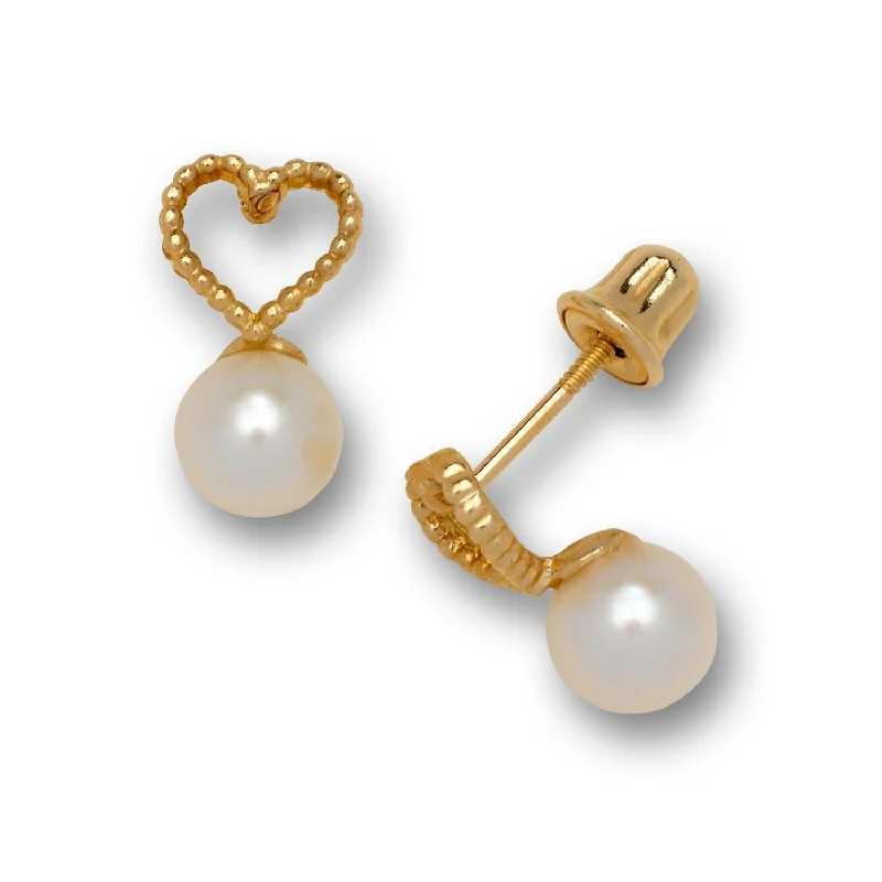 Curata 14K Gold Freshwater Cultured Pearl Textured Heart Screw Back Earrings