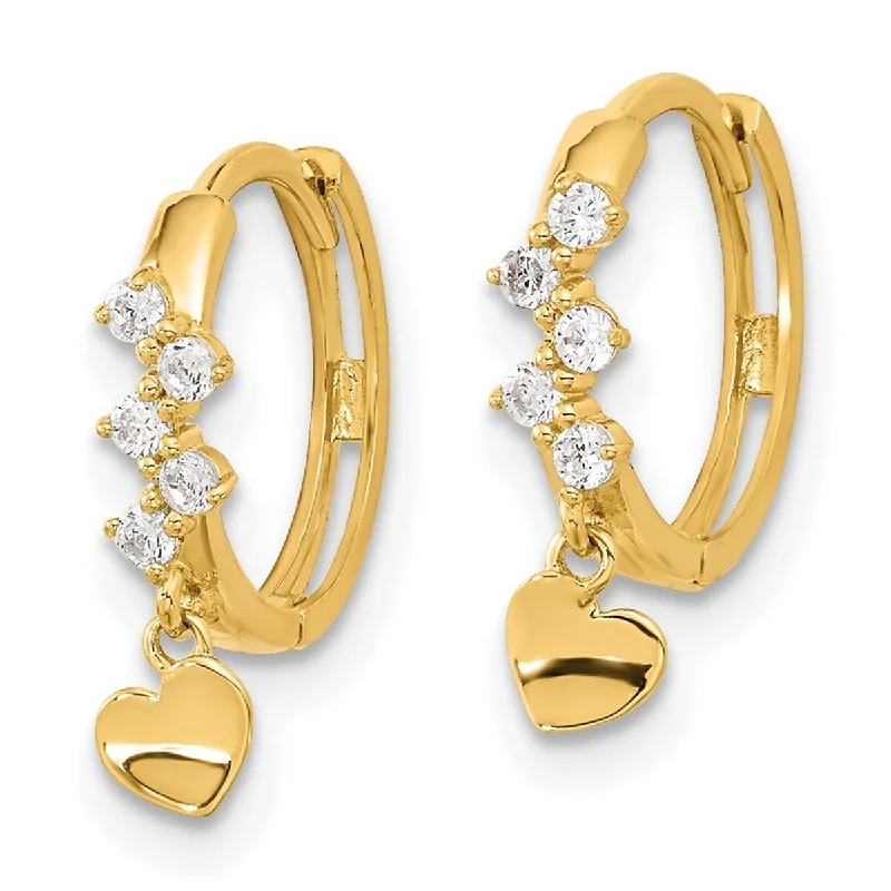 Curata 14k Yellow Gold 17mm CZ Cubic Zirconia Heart Dangle Hinged Hoop Earrings