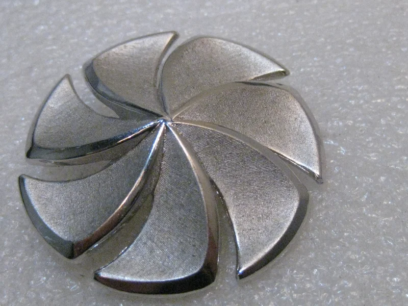 Vintage Crown Trifari Pinwheel Brooch, Spiral, Domed, Brushed Finish, 1960's-1970's, 1.75"