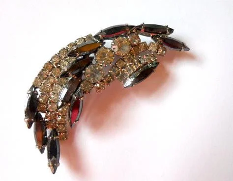 Pewter and Clear Rhinestone Crescent Brooch circa 1950s