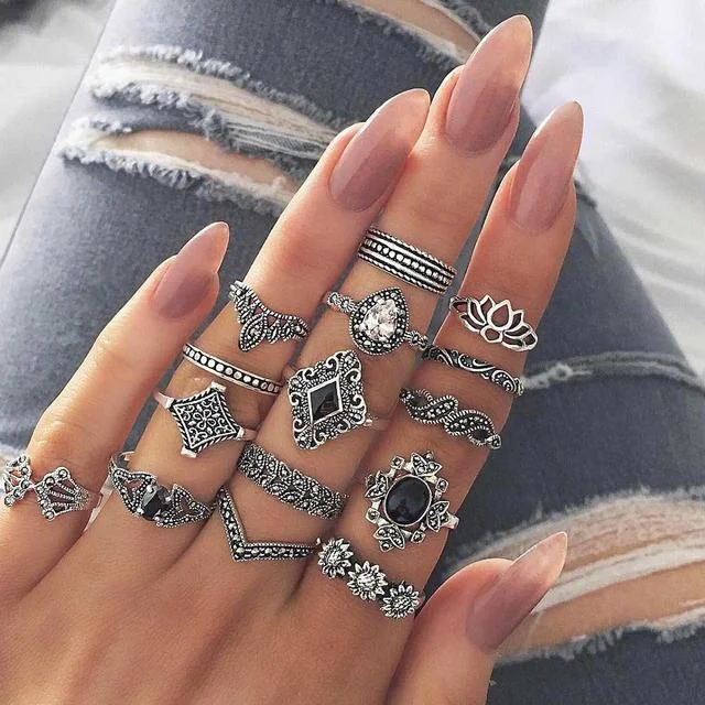 Vintage Inlaid Boho 15 piece Rings Set