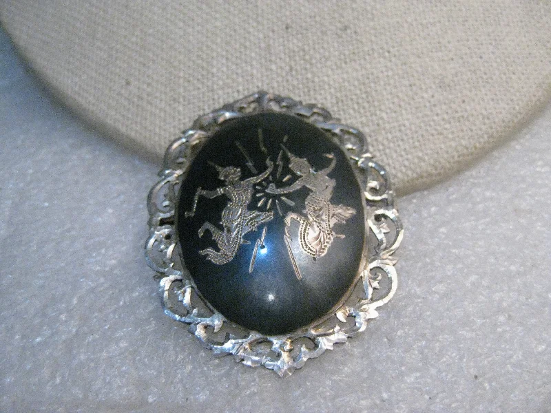 Vintage Sterling Silver Siam Brooch, Filigree Frame, Two Goddesses, 2" tall, 10.99 gr., 1940's.