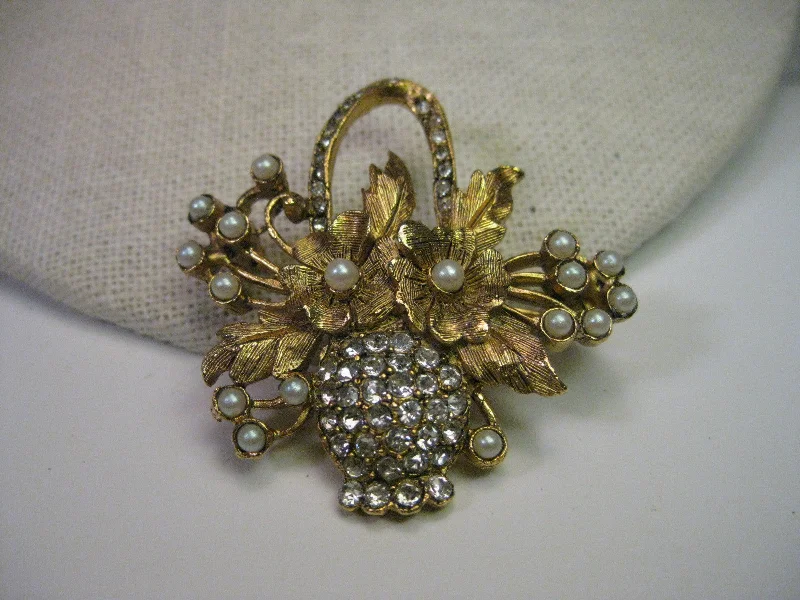 Vintage Brooch, Goldtone Floral Basket with Pave Rhinestones & Faux  Pearl Accents