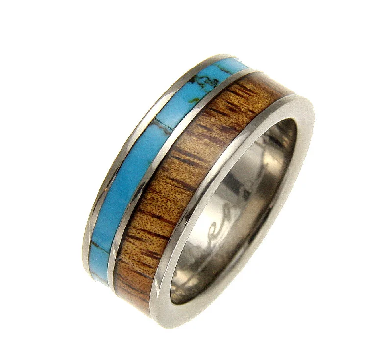 GENUINE INLAY HAWAIIAN KOA WOOD TURQUOISE WEDDING BAND RING TITANIUM 8MM SZ 8-12