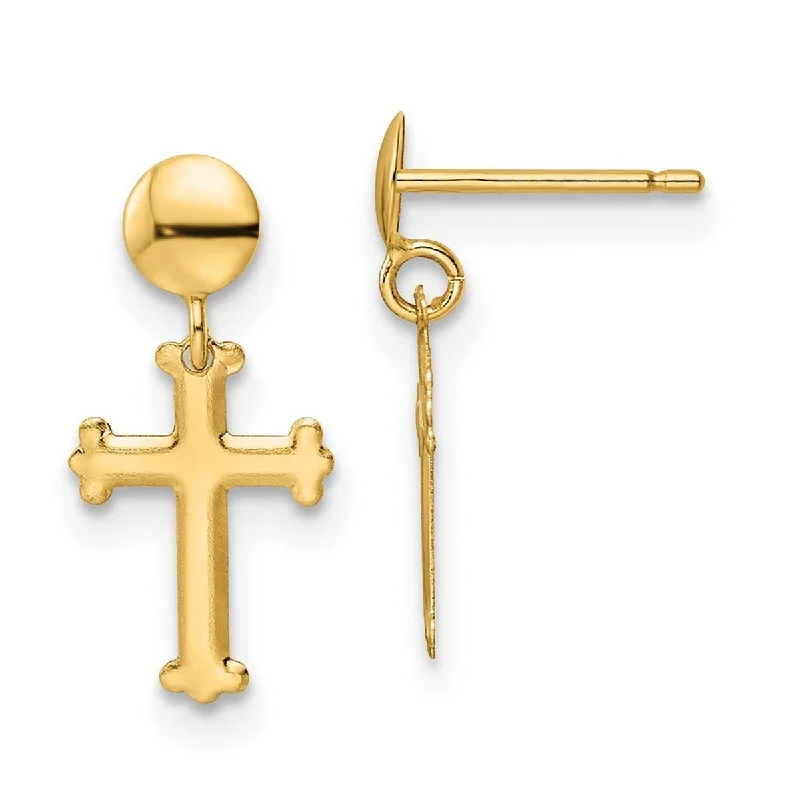 Curata 14k Yellow Gold 16.5x7.5mm Budded Cross Post Dangle Earrings