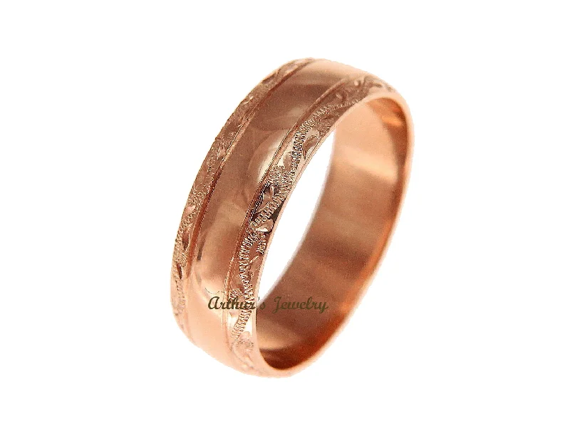 SOLID 14K PINK ROSE GOLD HIGH POLISH CUSTOM HAND ENGRAVED HAWAIIAN SCROLL RING 6MM