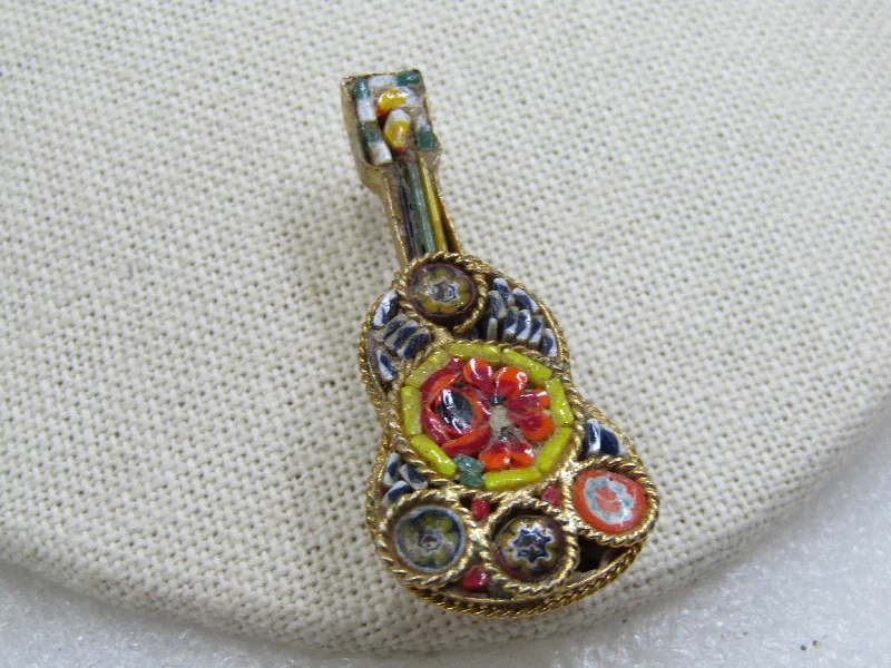 Vintage Floral Micro Mosaic Guitar Brooch, 1950's