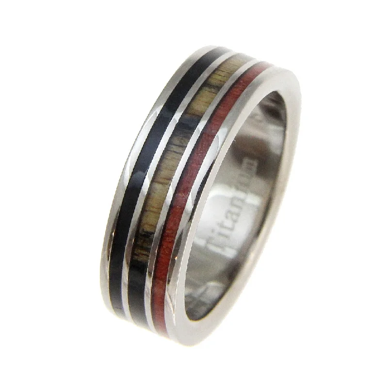 GENUINE B&W EBONY & COCOBOLO & PINK IVORY WOOD WEDDING BAND RING TITANIUM 6MM SIZE 3-14