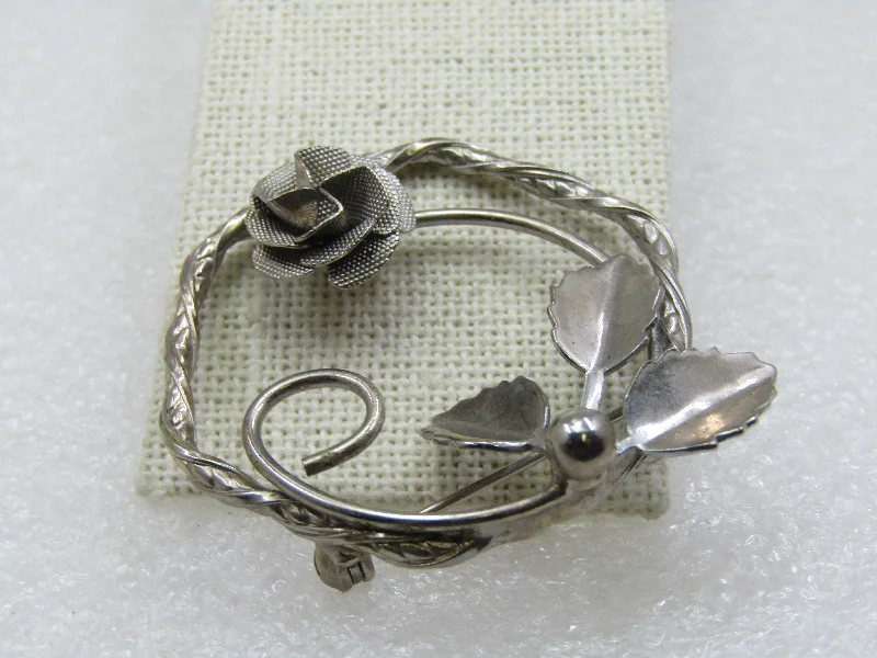 Vintage Silver Tone 3-D Rose Circle Brooch, 1960's-1970s