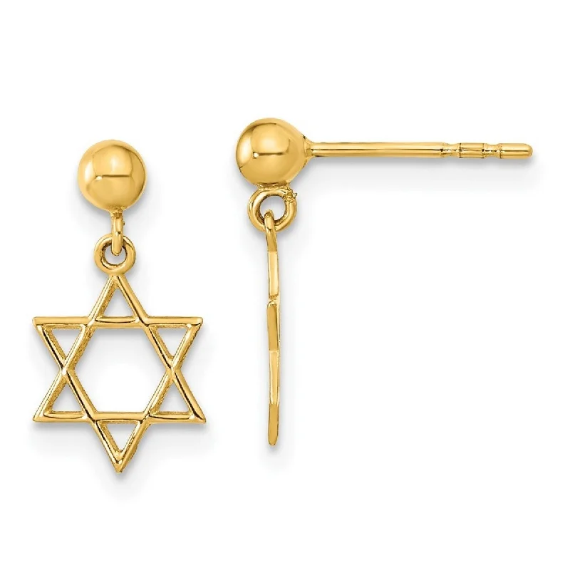 Curata 14k Yellow Gold 13.75x7.5mm Star of David Post Drop Dangle Earrings