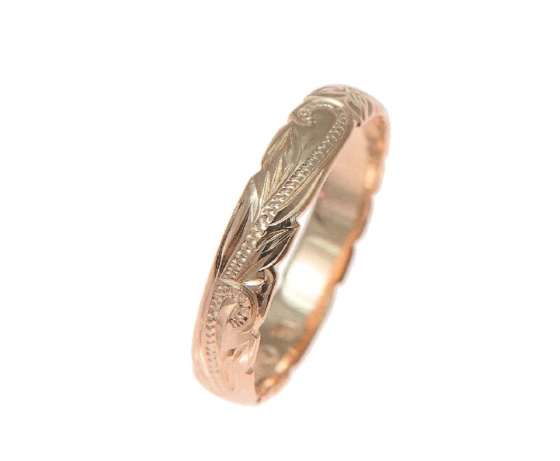 14K ROSE GOLD CUSTOM HAND ENGRAVED HAWAIIAN PRINCESS PLUMERIA SCROLL CUT OUT EDGE BAND RING 4MM