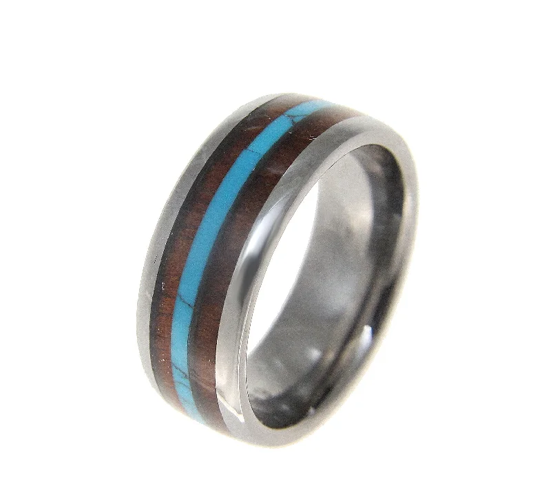 Tungsten 8mm Wedding Band Ring Turquoise Hawaiian Koa Wood Comfort Fit Size 6-14