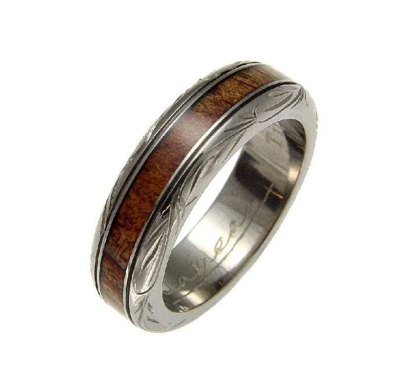 GENUINE INLAY HAWAIIAN KOA WOOD WEDDING BAND RING TITANIUM SCROLL 6MM SIZE 4-14