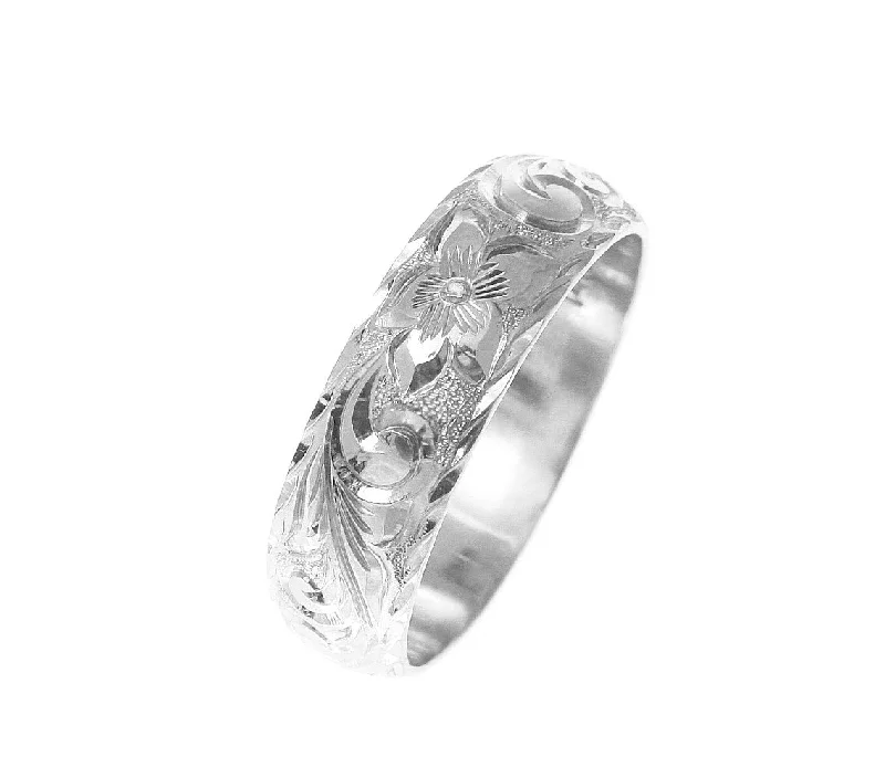 14K WHITE GOLD HAND ENGRAVED HAWAIIAN PLUMERIA SCROLL RING DIAMOND CUT EDGE 6MM