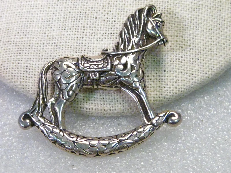 Vintage Sterling Silver Rocking Horse Brooch, 2" wide, scolled/filigree design, 10.75 grams