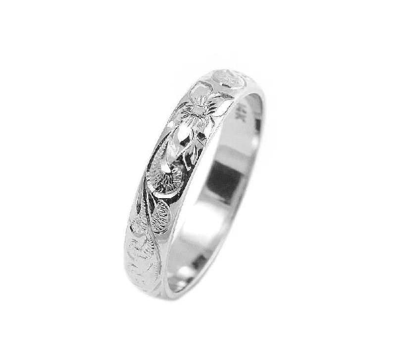 14K WHITE GOLD CUSTOM HAND ENGRAVED HAWAIIAN QUEEN PLUMERIA SCROLL BAND RING 4MM