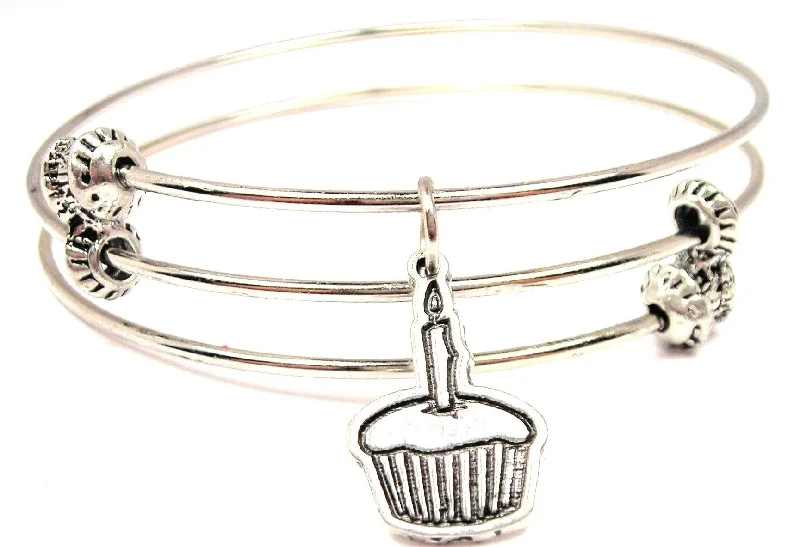 Cupcake with Candle Triple Style Expandable Bangle Bracelet