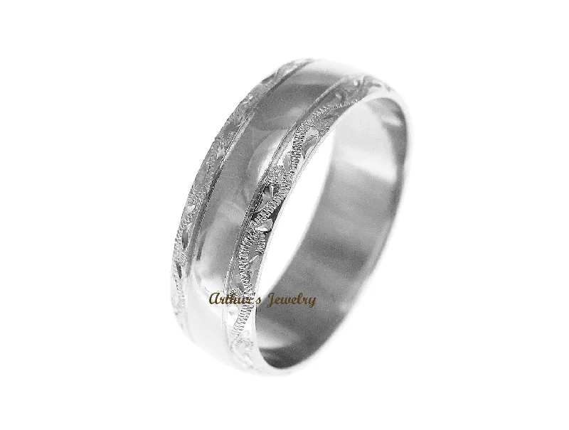 SOLID 14K WHITE GOLD HIGH POLISH CUSTOM HAND ENGRAVED HAWAIIAN SCROLL RING 6MM