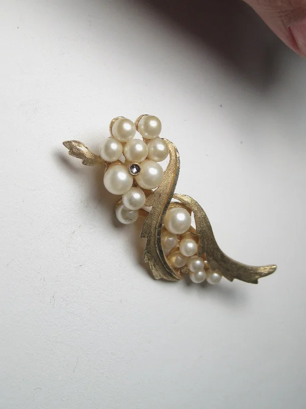 Vintage Gold Tone & Faux Pearl BSK Brooch, Rhinestone Accent, 2.5"