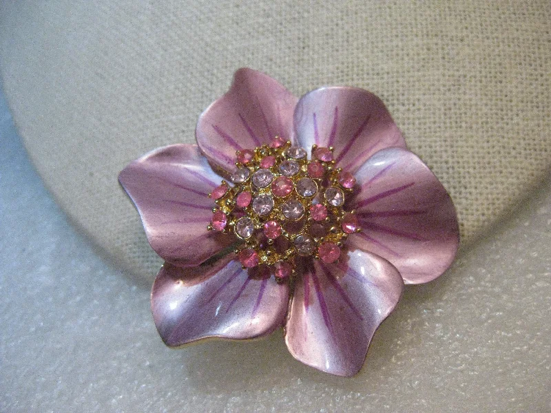 Vintage Enameled Flower Brooch, Rhinestone Center, Pink & Lavender, 2", 1960's