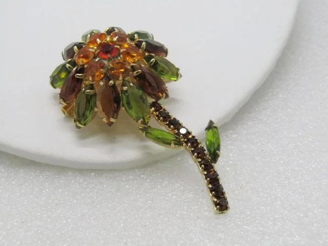 Vintage Rhinestone Domed Flower Stem Brooch, 3", Amber, Green, Gold, 1960's