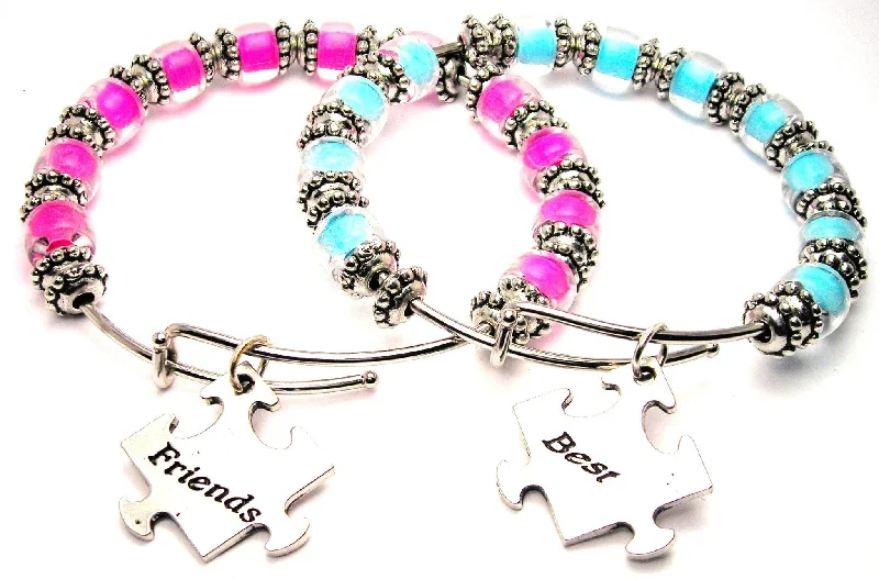 Best Friends Puzzle Piece Gift Set Of Two Glass Beaded 9mm Bracelets in Aqua Blue And Hot Pink