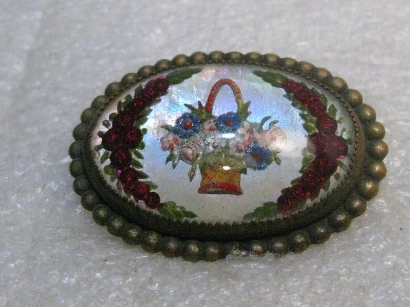 Vintage Essex Glass Floral Brooch, Pastel Basket and Red Roses, C-Clasp, Victorian/Edwardian, 1.5"