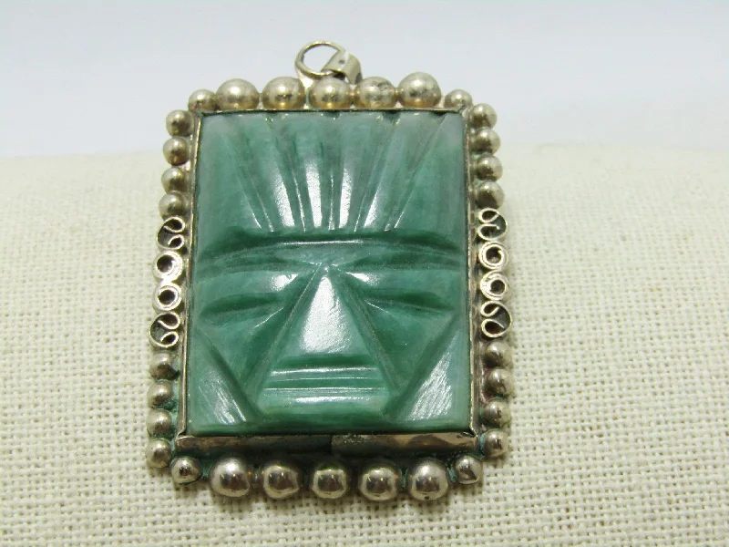 Vintage Sterling Carved Tribal Pendant Brooch, Aventurine, 36.40 gr., 1970's-1980's, 2.75"