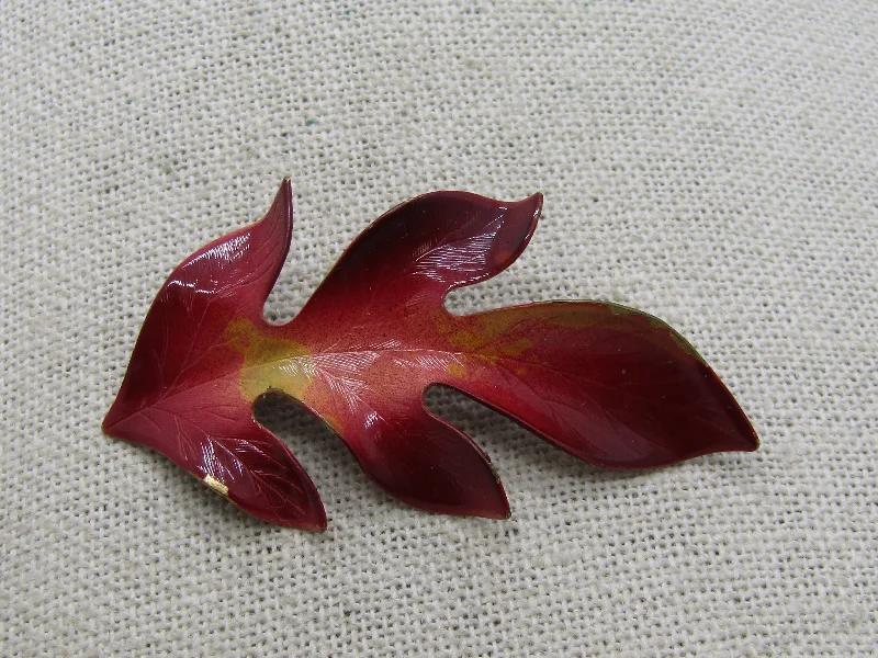 Vintage Enamel Oak Leaf Brooch, 1960's, 2.5", Reds and Gold