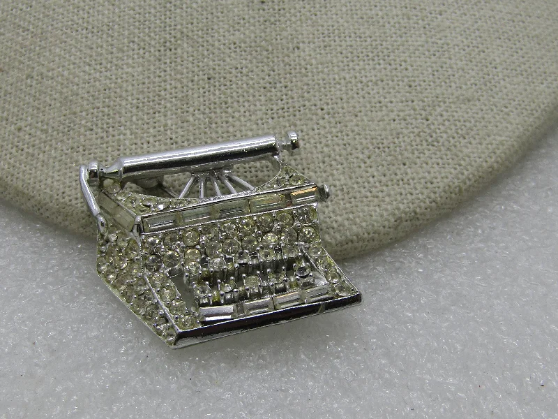 Vintage Pell Rhinestone Typewriter Brooch, Silver Tone, 1-3/8", 1960's-1970's