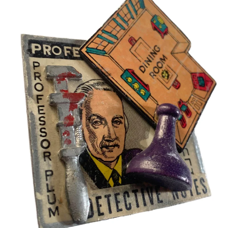 Professor Plum CLUE Themed Collage Art Brooch circa 1980s