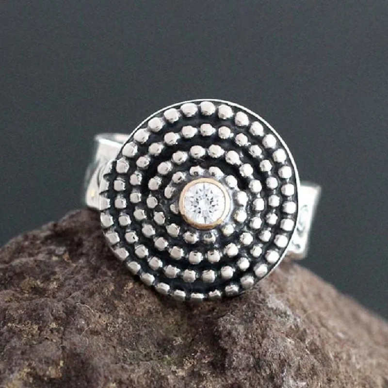 Beaded Spiral Ring with CZ in Gold Bezel