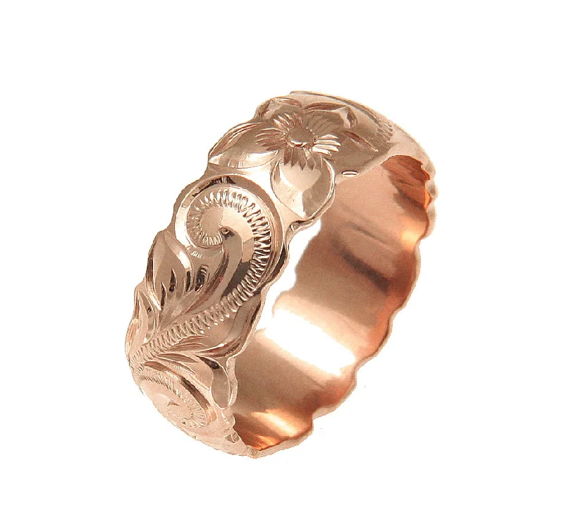 14K PINK ROSE GOLD HAND ENGRAVED HAWAIIAN PLUMERIA SCROLL BAND RING CUT OUT 8MM