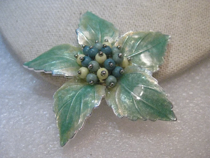 Vintage Liz Claiborne Green Enameled Floral Brooch, 2.25", 1970's, Mint Green