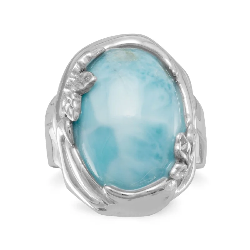 Rhodium Plated Larimar Ring with Leaf Design