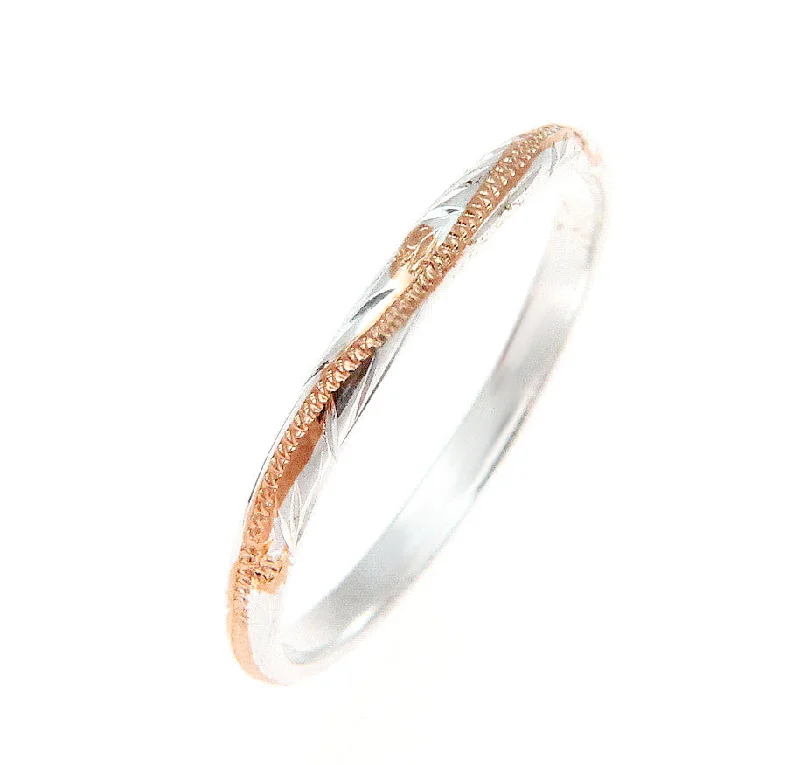 925 Silver 2 Tone Pink Rose Gold 2mm Hawaiian Scroll Hand Engraved Ring Band