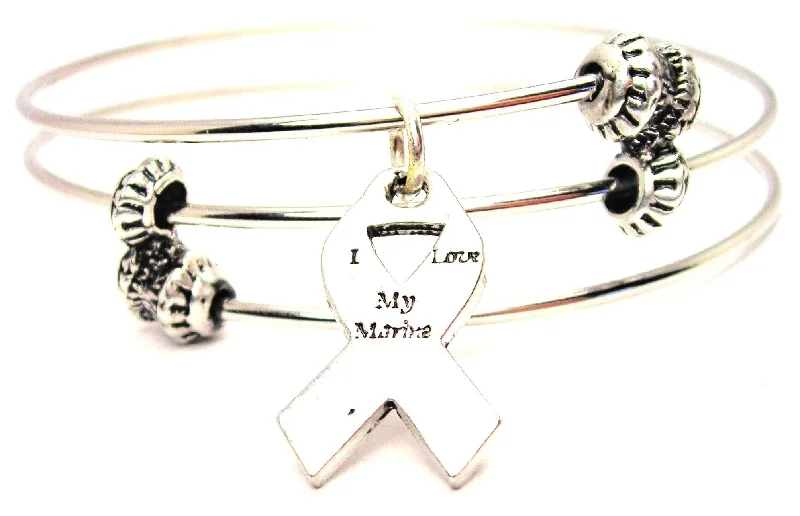 I Love My Marine Awareness Ribbon Triple Style Expandable Bangle Bracelet