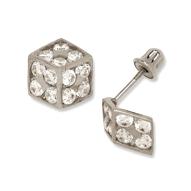 14k Gold Cubic Zirconia Dice Post Stud Screw-back Earrings (7mm x 7mm) (yellow or white gold)