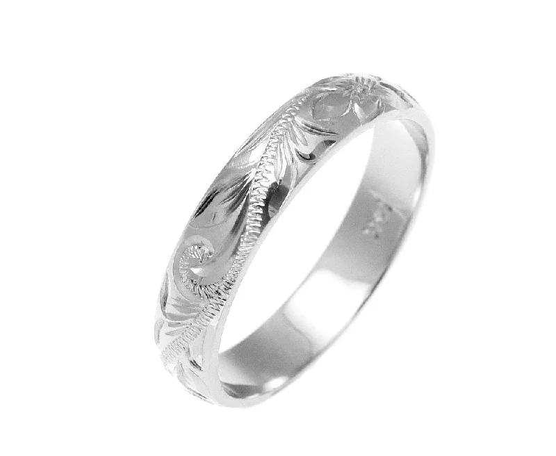 SOLID 14K WHITE GOLD CUSTOM HAND ENGRAVED HAWAIIAN PLUMERIA SCROLL BAND RING 4MM