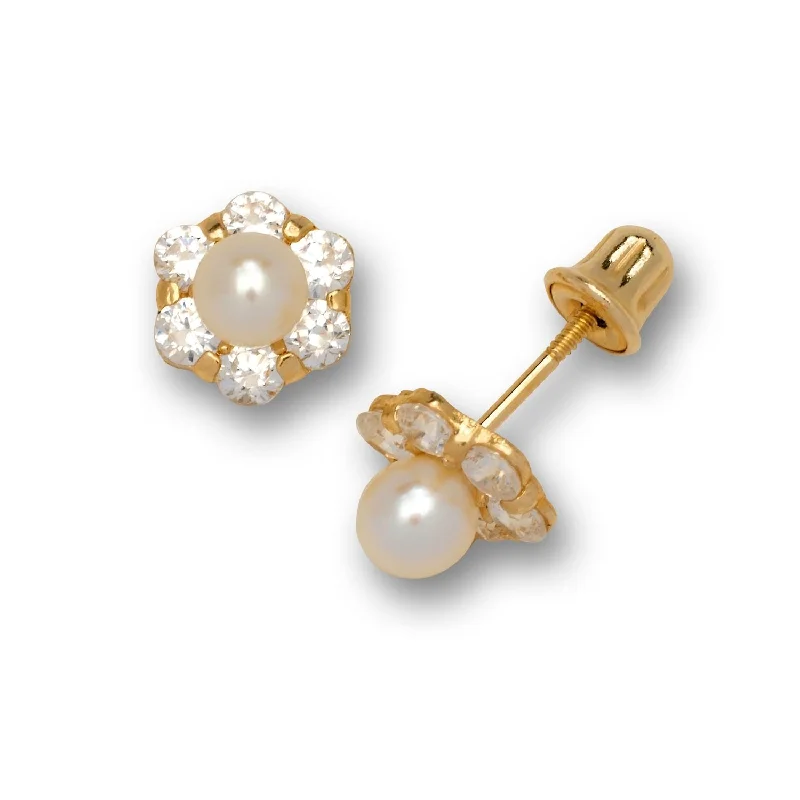 Curata 14k Yellow Gold Freshwater Cultured Pearl Cubic Zirconia Flower Screw Back Earrings - Orange