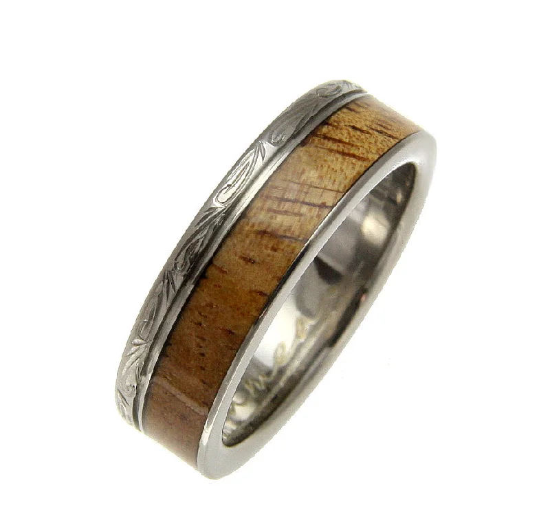 GENUINE INLAY HAWAIIAN KOA WOOD WEDDING BAND RING TITANIUM SCROLL 6MM SIZE 3-14