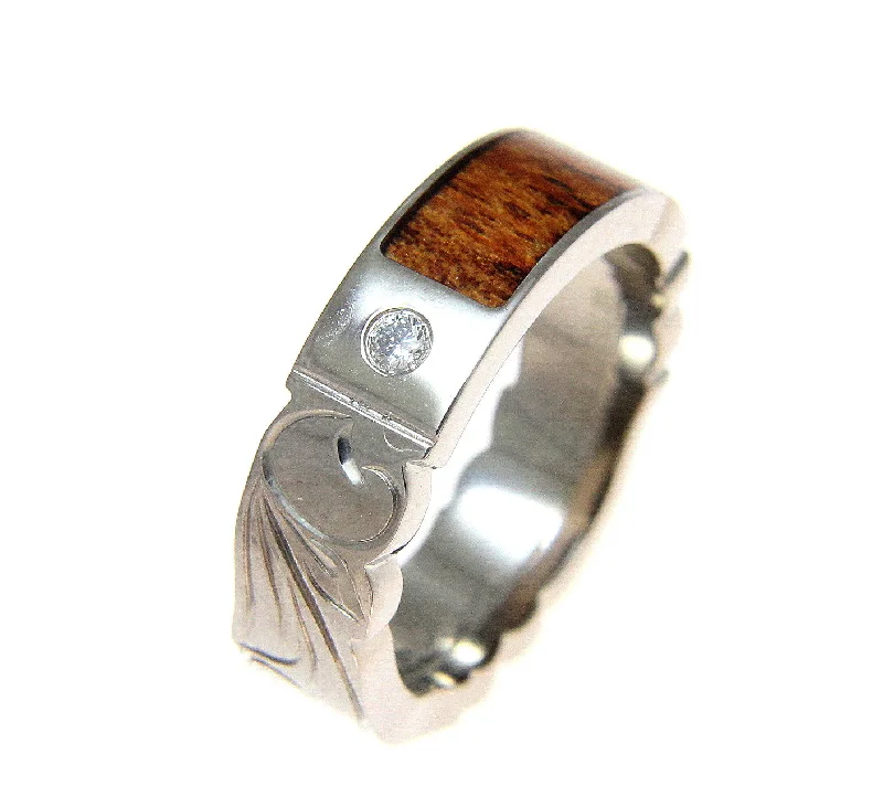 GENUINE HAWAIIAN KOA WOOD DIAMOND WEDDING BAND RING TITANIUM SCROLL 6MM SZ 5-12