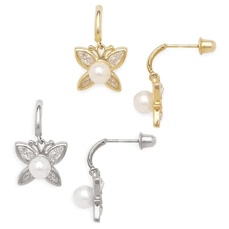 Curata 14k Gold Freshwater Cultured Pearl and Cubic Zirconia Butterfly Screw Back Earrings