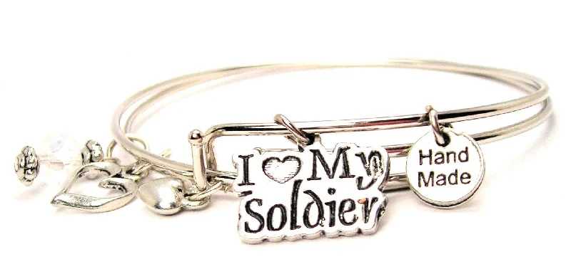 I Love My Soldier Stylized Expandable Bangle Bracelet Set