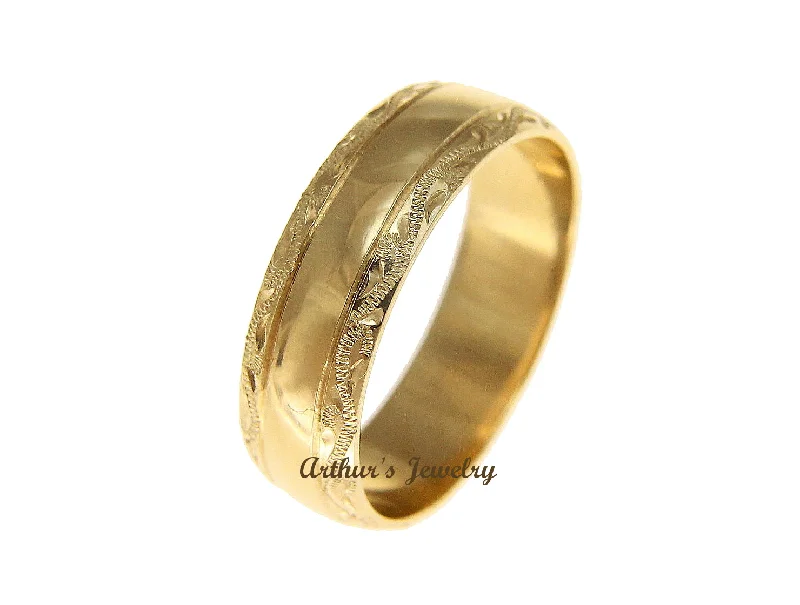 SOLID 14K YELLOW GOLD HIGH POLISH CUSTOM HAND ENGRAVED HAWAIIAN SCROLL RING 6MM