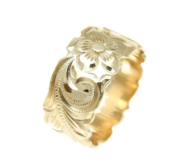 14K YELLOW GOLD HAND ENGRAVED HAWAIIAN PLUMERIA SCROLL BAND RING CUT OUT 10MM