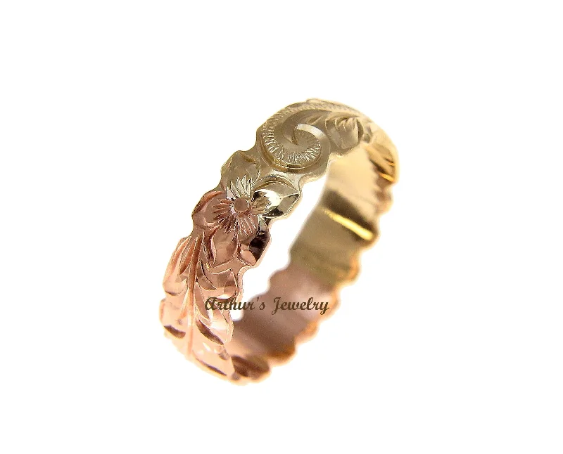 14K YELLOW ROSE GOLD 2 TONE CUSTOM HAND ENGRAVED HAWAIIAN SCROLL MAILE RING 6MM CUT OUT SIZE 2 to 14